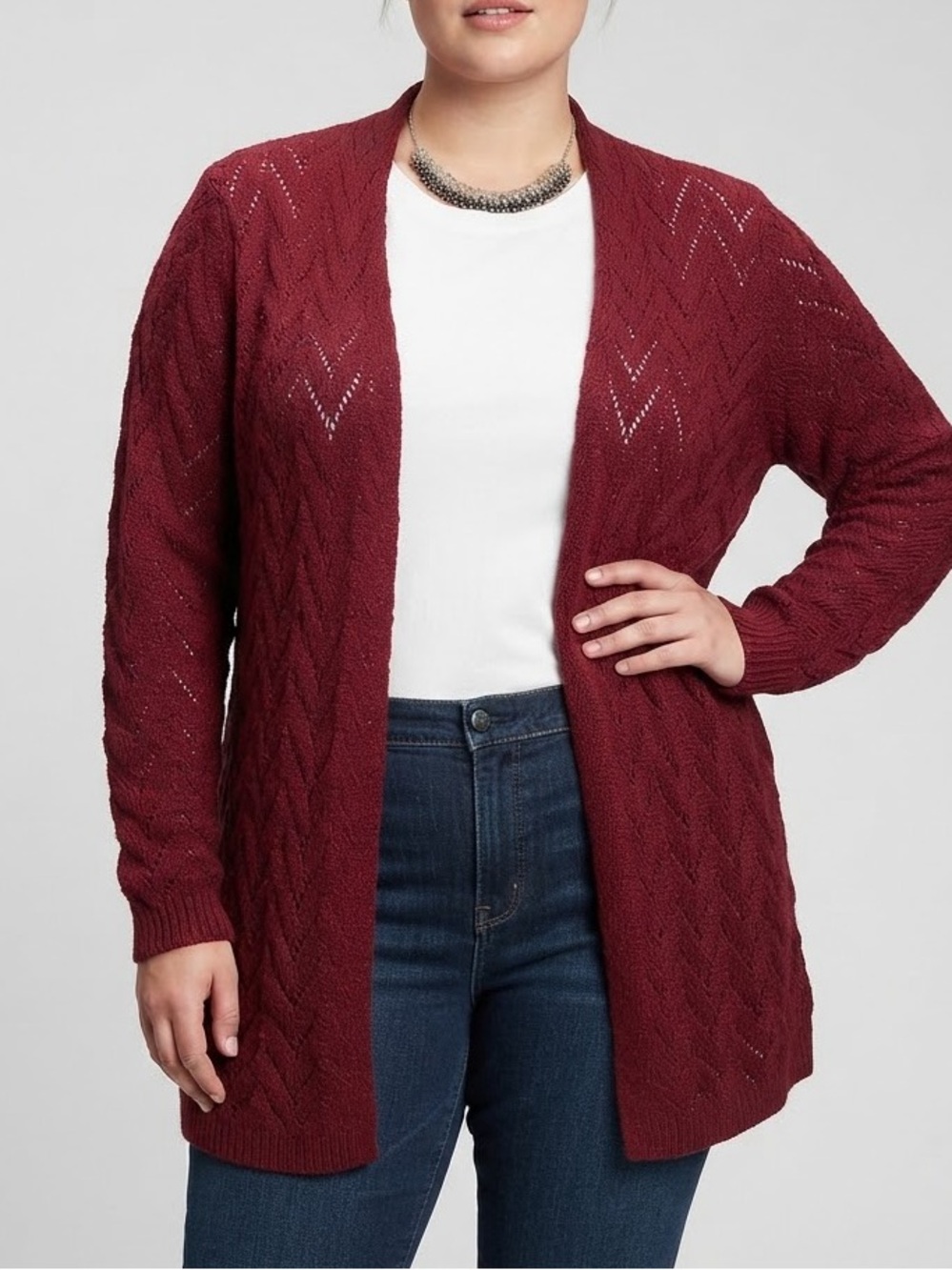 Burgundy Open Front Women's Cardigan Sweater Crochet Look XL